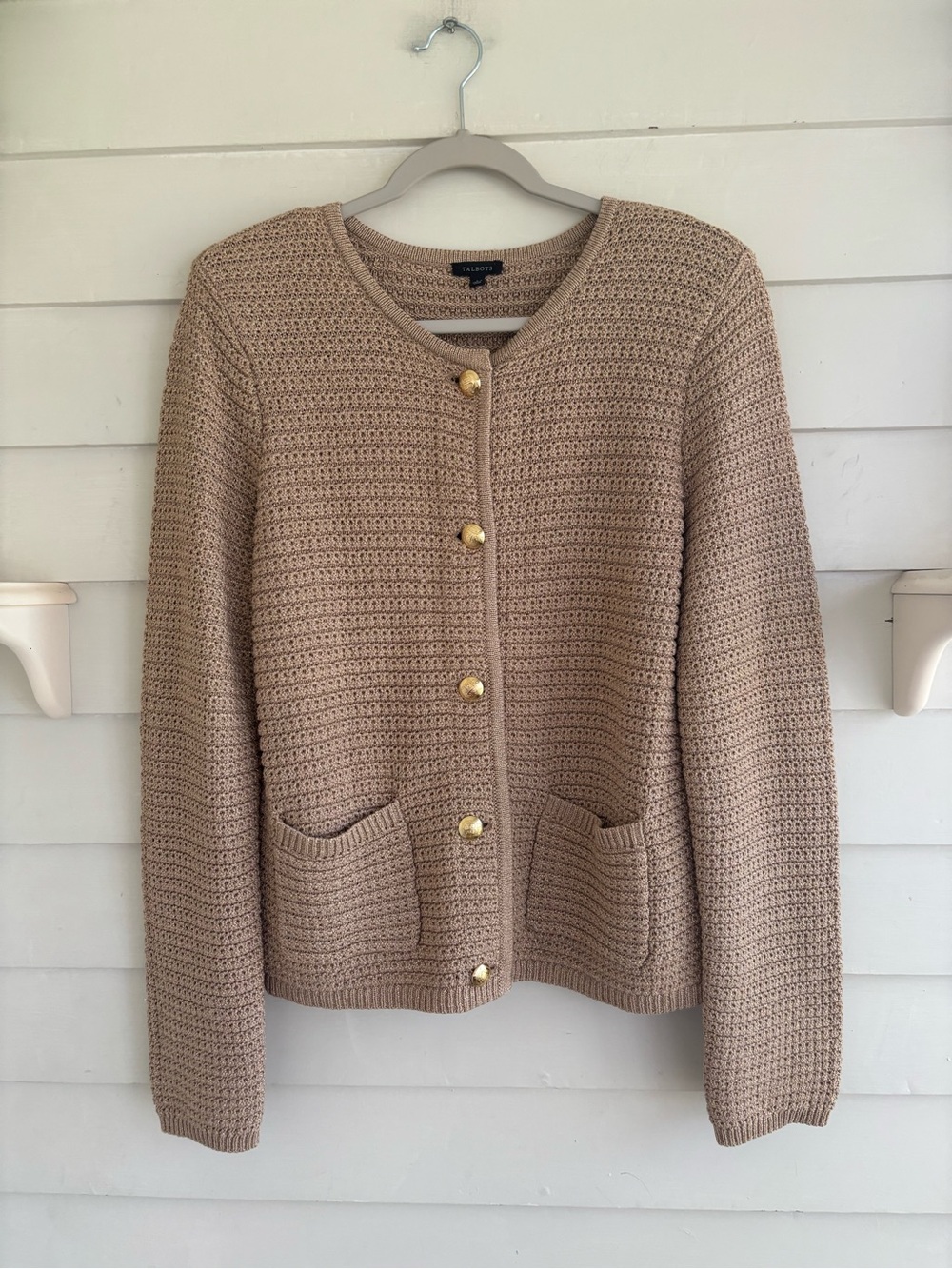 Talbots Kate Tan Metallic Knit Button Cardigan Sweater Size Large